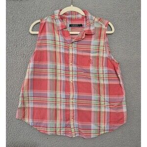 Lauren Ralph Lauren Women's Pink Plaid Button Up Shorts Cotton  Pj Set Large